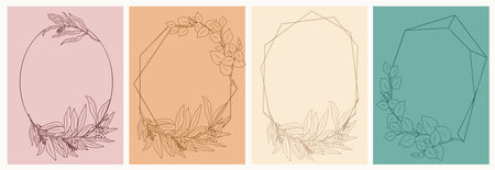 Set of vintage card templates with eucalyptus geometric frames. Hand drawn trendy line art illustration with greenery branches and leaves. Elegant design for wedding invitations, save the date cardsのイラスト素材