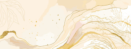 Watercolor abstract art background, banner design with beige and gold glittering marble texture and autumn leaves line art. Vector illustration for print, wall art, cover, wedding invitation cardsのイラスト素材