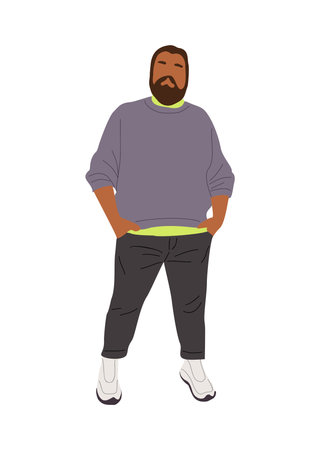 Stylish man wearing street fashion smart casual outfit. Handsome Plus size man standing full length in sweater and pants. Male character vector realistic illustration isolated on white backgroundのイラスト素材