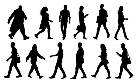 Silhouettes of business people walking vector art.のイラスト素材