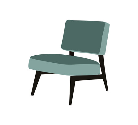 Stylish comfortable teal soft chair. Furniture element for living room. Retro armchair, mid century modern settee. Interior object for apartment design, interior plan. Vector illustration isolatedのイラスト素材