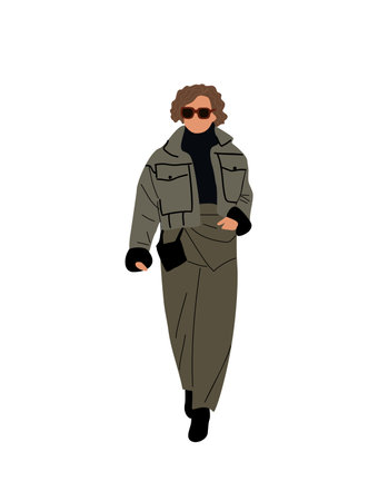 Modern business woman walking in fashionable smart casual autumn outfit. Pretty stylish lady wearing green pants, jacket, sunglasses. Vector realistic illustration Isolated on white backgroundのイラスト素材