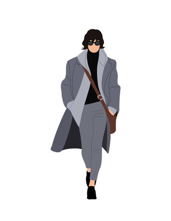 Modern business woman walking in fashionable smart casual office outfit. Pretty lady boss wearing gray blue pants, coat, sunglasses. Vector realistic illustration Isolated on white backgroundのイラスト素材