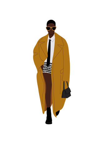 Modern black business woman walking in fashionable smart casual office outfit. Pretty african lady boss wearing white shirt with tie, skirt and orange coat. Vector illustration Isolated on whiteのイラスト素材