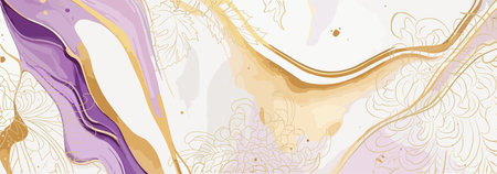 Watercolor abstract art background, banner design with white and purple marble texture and gold leaves and chrysanthemum flowers line art. Vector illustration for prints, cover, invitation cardsのイラスト素材