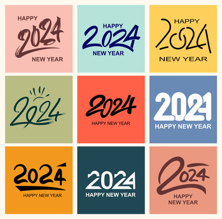 Set of 2024 number calligraphy text design template. 2024 Happy New Year typography logo, hand drawn ink brush, pen sketch style . Vector monochrome illustration isolated on colorful backgroundのイラスト素材