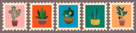 Set of hand drawn post stamps with house plants.のイラスト素材
