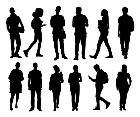 Silhouettes of diverse people standing and walkingのイラスト素材