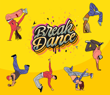 Break dance banner with Cool girl and boy Dancers.のイラスト素材