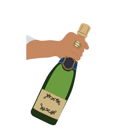 Female hand holding bottle of Champagne vector.のイラスト素材