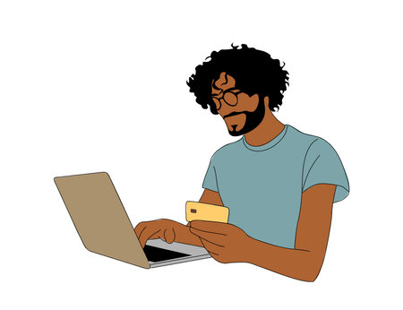Young man shopping online by laptop vector.のイラスト素材