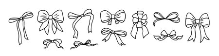 Set of different ribbon bows line art vector.のイラスト素材