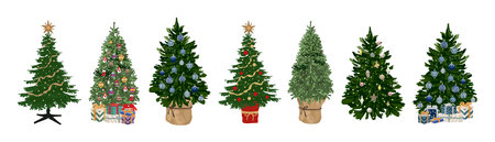 Set of Christmas tree with ornaments, lights, giftのイラスト素材