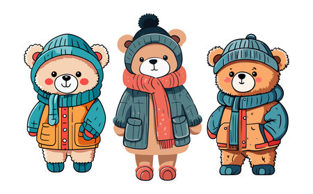 Set of Cute Teddy Bears in warm winter clothes.のイラスト素材