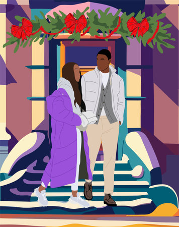 Young african american couple near christmas door.のイラスト素材