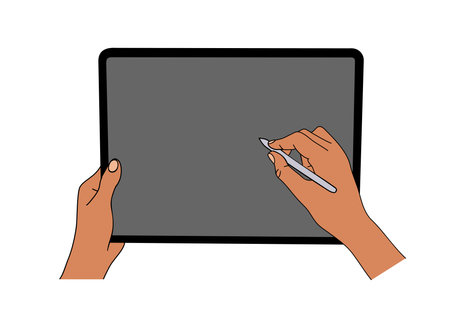 Hands draw on tablet with blank screen and pen.のイラスト素材