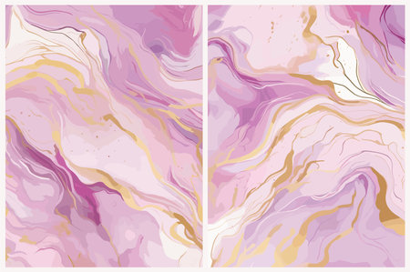 Set of fluid watercolor pink purple, gold marble.のイラスト素材