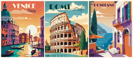 Set of Italy Travel Posters in retro style vector.のイラスト素材