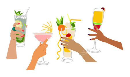 Set of Different hands holding cocktails vector.のイラスト素材