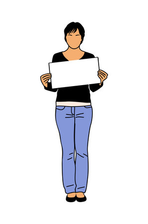 Woman holding blank advertising banner vector art.のイラスト素材