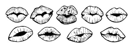 Set of Lipstick kiss print outline silhouettes.のイラスト素材