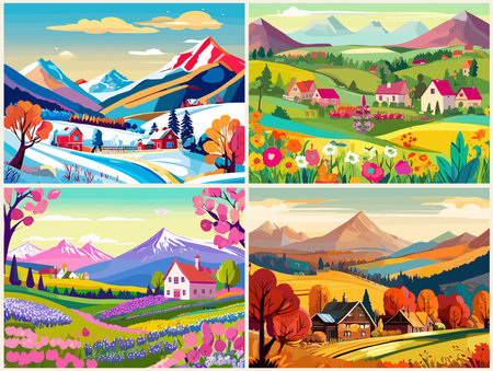 Set of four seasons vector backgrounds, banners.のイラスト素材