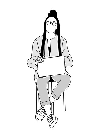 African woman sitting with laptop vector drawing.のイラスト素材