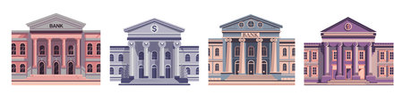 Bank buildings icons vector set isolated on white.のイラスト素材