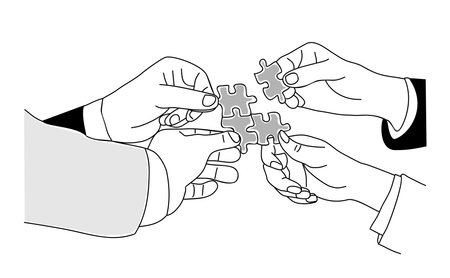 Hands of people holding, connecting puzzle pieces.のイラスト素材