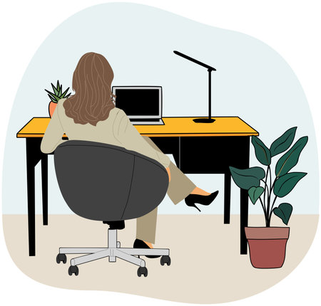 Business woman sitting at the desk back view.のイラスト素材