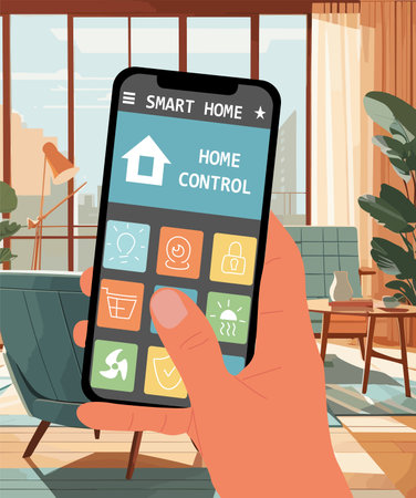 Hand with Smart home app on phone, interior scene.のイラスト素材