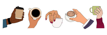 Set of hands holding cups with coffee and tea.のイラスト素材