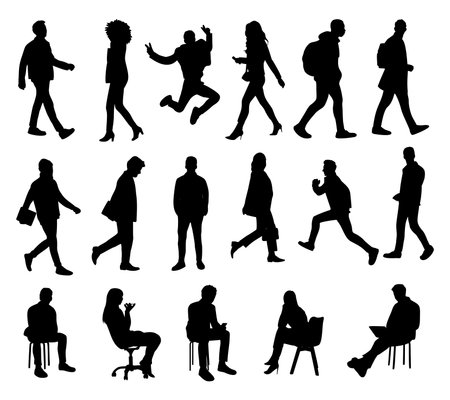Set of Silhouettes of People in different poses.のイラスト素材