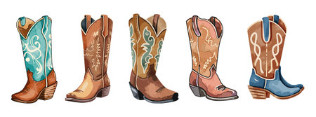 Decorative pairs of cowgirl boots watercolor iconsのイラスト素材