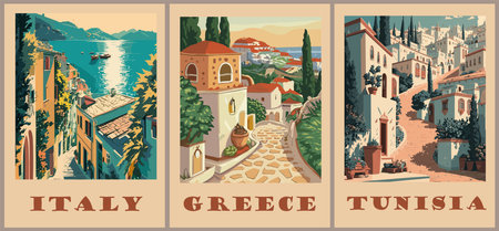 Set of Travel Destination Posters in retro style.のイラスト素材