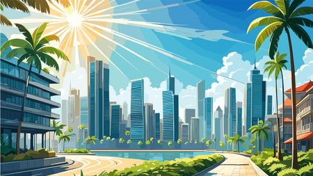 City park landscape with lake urban background.のイラスト素材
