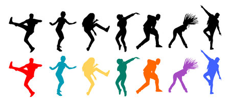 Dancing people silhouettes black and colorful set.のイラスト素材