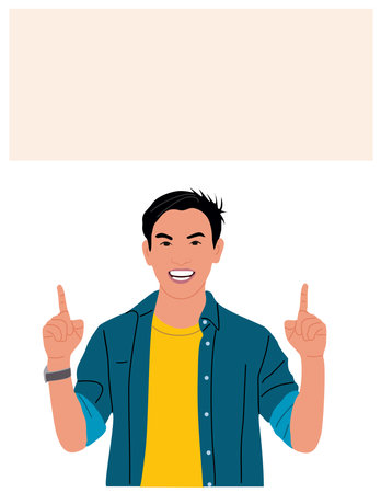 Smiling boy pointing up with fingers vector.のイラスト素材