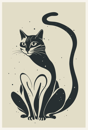 Retro poster with cute black cat Japandi art.のイラスト素材