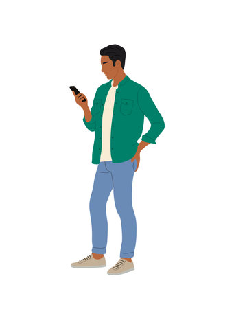 Business man standing side view holding phone.のイラスト素材