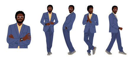 Black business man character in different poses.のイラスト素材