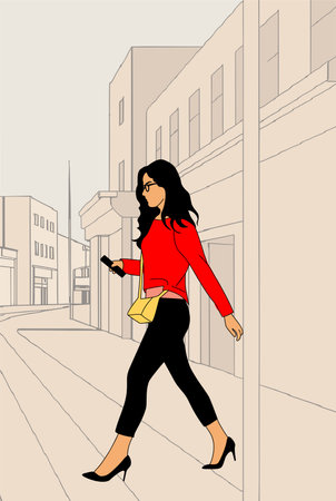 Business woman going along city street. Pretty girl with phone walking side view. Scene of female character at sidewalk in town. Flat vector illustration with cityscape line sketch on the background.のイラスト素材