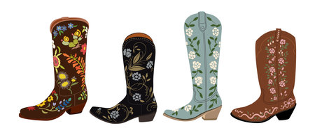 Set of different cowgirl boots. Traditional western cowboy boots decorated with embroidered floral elements. Realistic vector art illustrations isolated on white background. Digital stickers.のイラスト素材