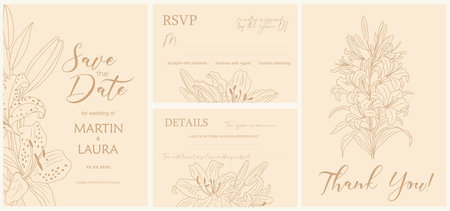 Elegant Wedding Invitation, Save the Date vector template, RSVP, Details cards. Minimalist botanical stylish Wedding Invitation set with Lily flower gold line art on neutral beige background.のイラスト素材