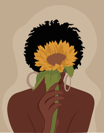 Romantic boho style drawing of girl with sunflowerのイラスト素材