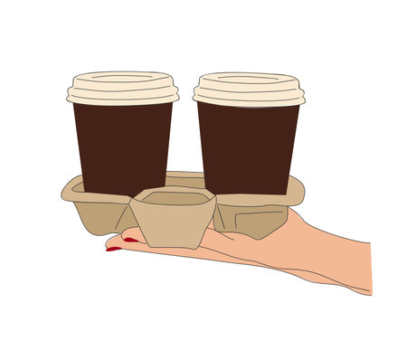 Female hands holding coffee cups in holder.のイラスト素材