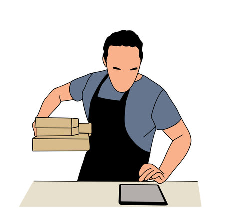 Business man small business owner packaging purchase orders. Man in apron with digital tablet and boxes. Ecommerce, online retail store concept. Vector illustration isolated on white background.のイラスト素材