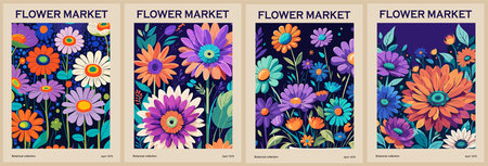 Set of abstract Flower Market posters. Trendy botanical wall arts with floral design in vivid bright colors. Modern naive groovy funky interior decorations, paintings. Vector art illustration.のイラスト素材
