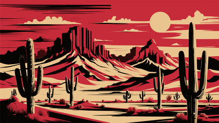 Desert landscape abstract art background. Texas western mountains and cactuses. Stylized Vector illustration of Wild West desert. Design element for banner, flyer, card, sign template.のイラスト素材