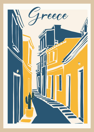 Greece Travel Destination Poster in retro style. Cityscape with old street and buildings Vintage yellow and blue drawing in lithography style. European summer vacation, holidays concept.のイラスト素材